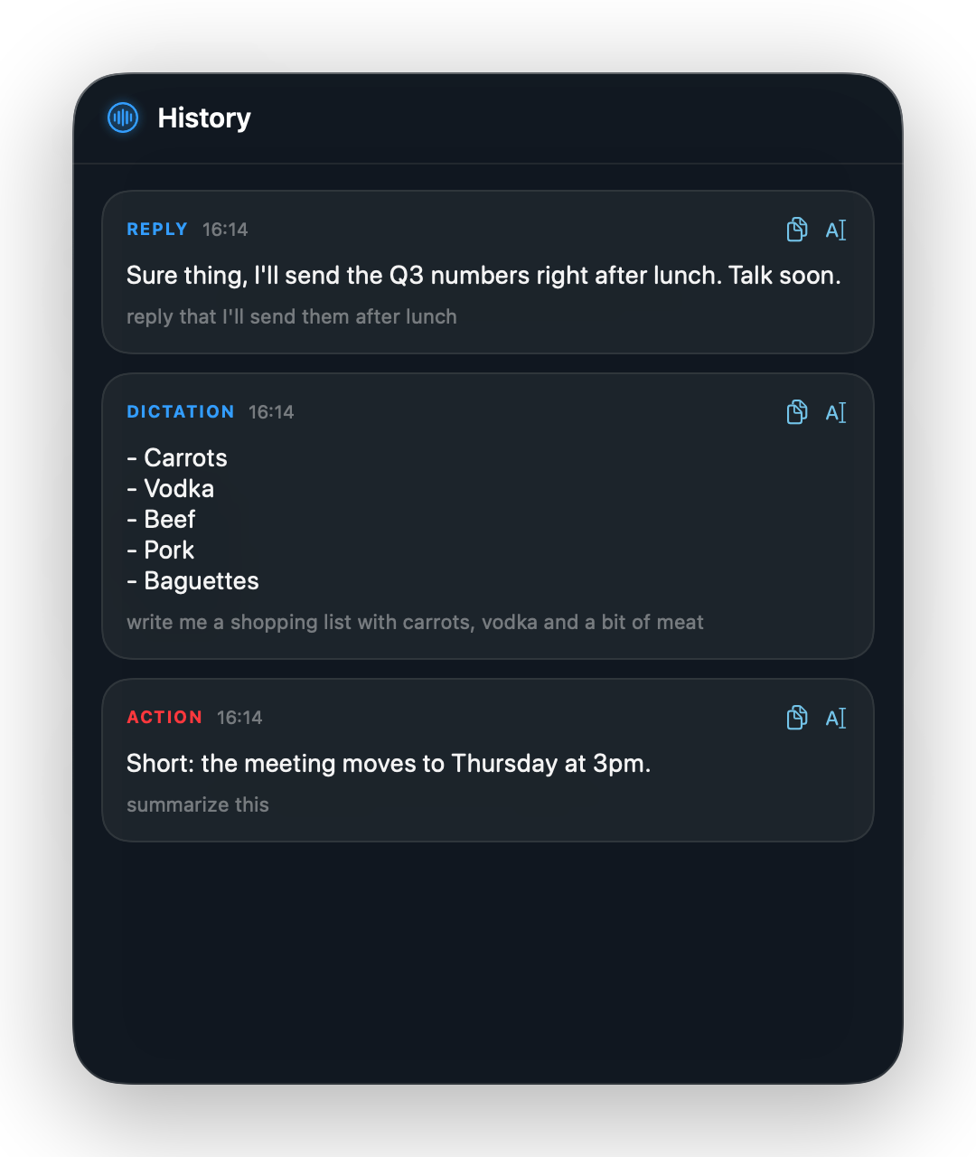 lisper history panel with recent dictations, replies and actions