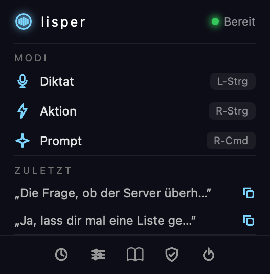 lisper menu-bar panel with dictation, action and prompt modes