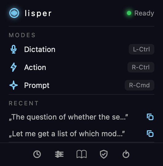 lisper menu-bar panel with dictation, action and prompt modes